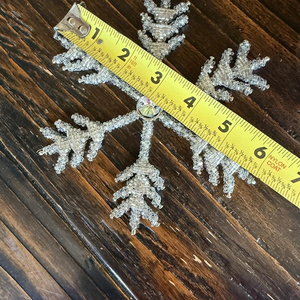 Silver Beaded Snowflake Bauble Ornament Glass Wire Rhinestone Christmas Decor